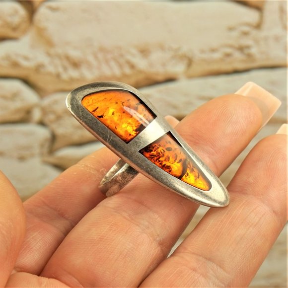 BALTIC AMBER 925 SILVER LONG RING 7.75, RARE TO FIND JEWELRY, GIFT FOR WOMEN - Picture 8 of 10